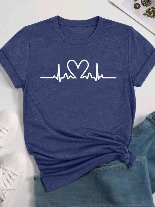 Women's Heart Print Round Neck Tee, Casual Short Sleeve Crew Neck T-shirt for Daily Wear, Ladies Clothes for All...