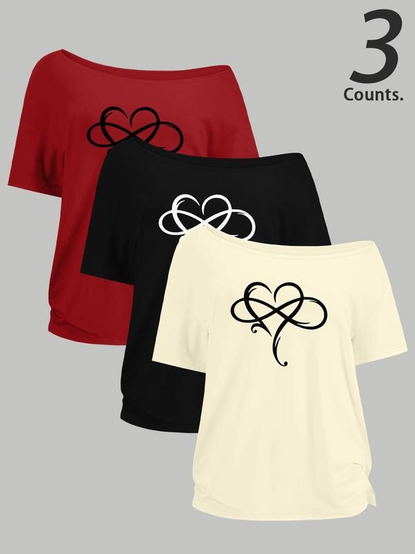 Women's Heart Print Round Neck Tee, Casual Short Sleeve T-shirt for Daily Wear, Ladies Clothes for All Seasons,...