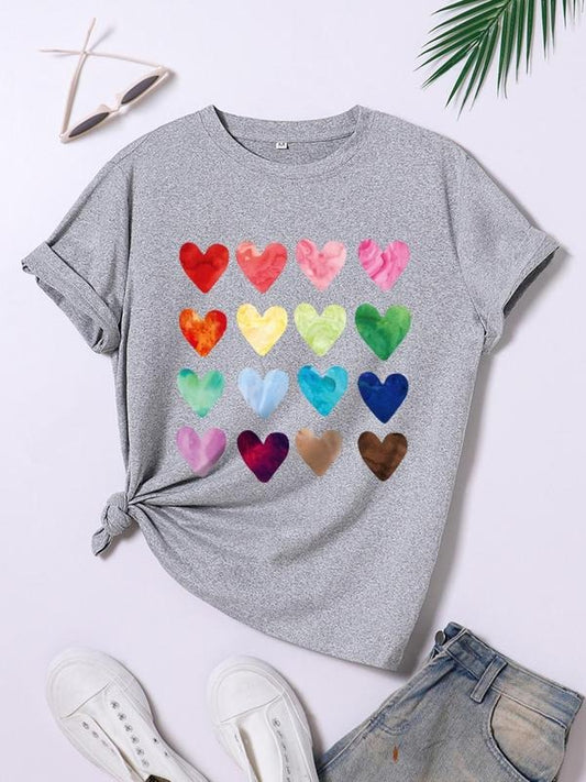 Women's Heart Print Round Neck Tee, Trendy Casual Short Sleeve Crew Neck T-shirt for Daily Wear, Ladies All Seasons...