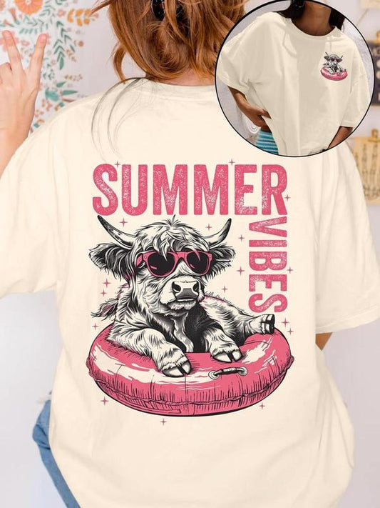Women's Highland Cow & Letter Print Round Neck Tee, Fashion Casual Crew Neck T-Shirt for Daily Holiday Vacation Outdoor...