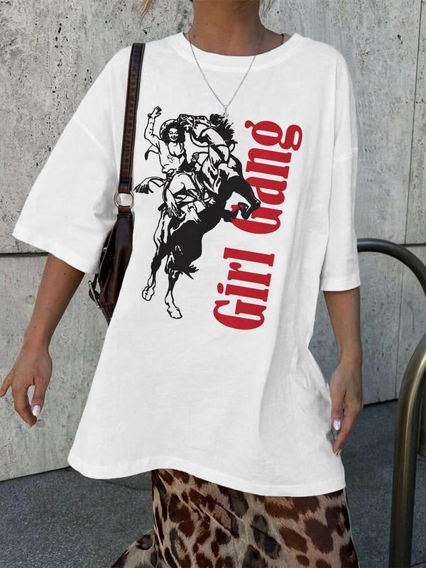 Women's Horse & Letter Print Round Neck Tee, Casual Short Sleeve Crew Neck T-shirt for Summer, Fashion Women's Top for...
