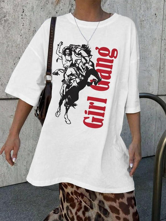 Women's Horse & Letter Print Round Neck Tee, Casual Short Sleeve Crew Neck T-shirt for Summer, Fashion Women's Top for...