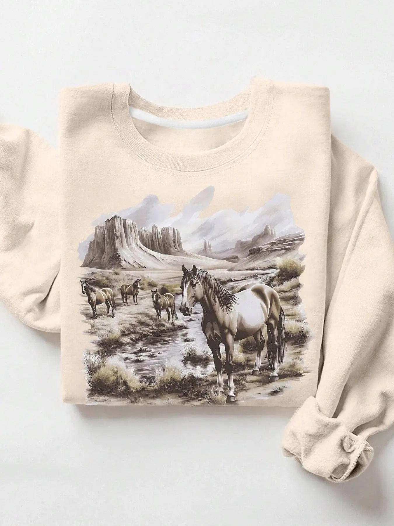 Women's Horse Print Crew Neck Sweatshirt, Casual Long Sleeve Pullover for Fall & Winter, Women's Clothes for Daily Wear...
