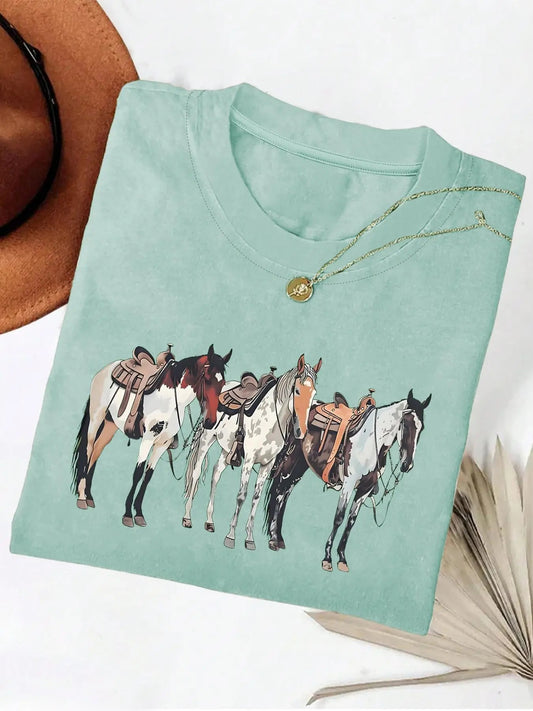 Women's Horse Print Round Neck Tee, Fashion Casual Crew Neck T-shirt for Daily Holiday Vacation Outdoor Wear, Ladies...