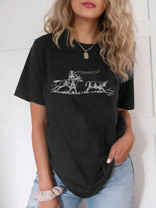 Women's Horseman & Cow Print Round Neck Tee, Casual Short Sleeve Crew Neck T-shirt for Daily Wear, Ladies Clothes for All...