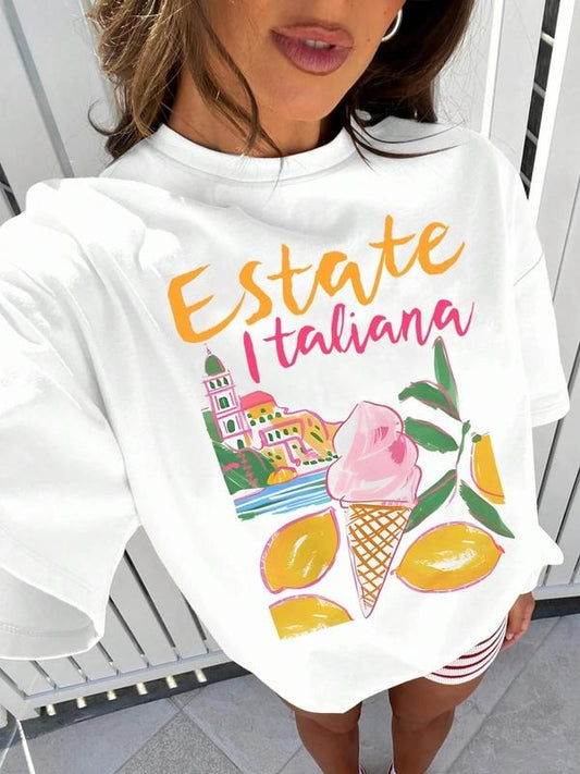 Women's Ice Cream & Italy Town Print Round Neck Tee, Casual Letter Graphic Short Sleeve T-Shirt for Daily Wear, Ladies...