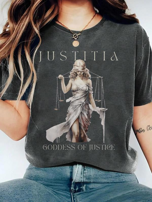 Women's Justice Graphic Round Neck Tee, Fashion Casual Crew Neck T-Shirt for Daily Holiday Vacation Outdoor Wear, Ladies...