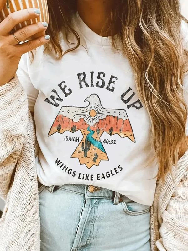 Women's Landscape & Eagle & Letter Print Round Neck Tee, Casual Short Sleeve T-shirt for Daily Wear, Ladies Clothes for...