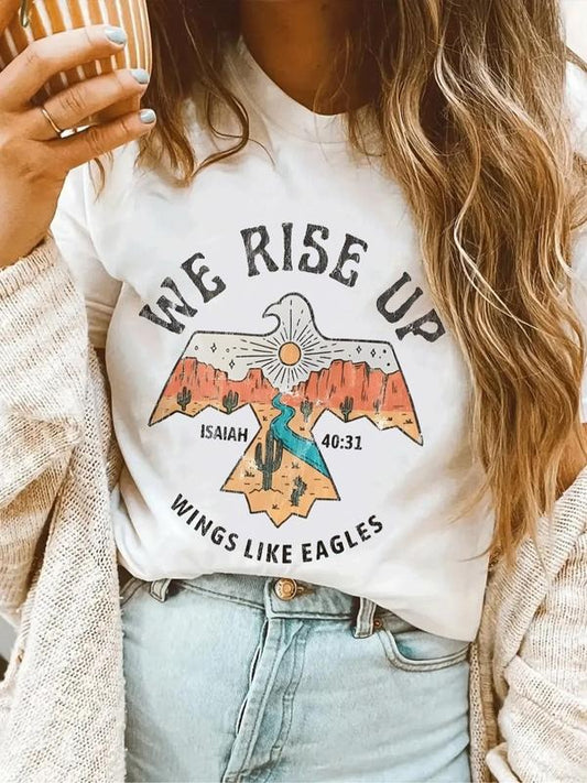 Women's Landscape & Eagle & Letter Print Round Neck Tee, Casual Short Sleeve T-shirt for Daily Wear, Ladies Clothes for...