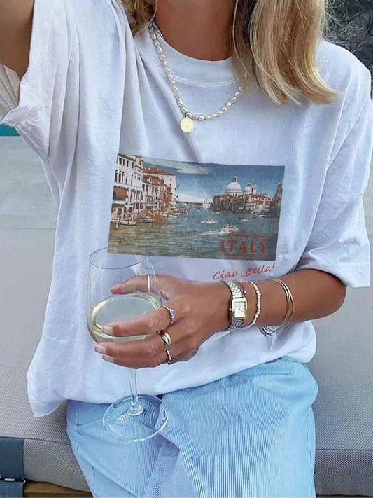 Women's Landscape & Letter Print Round Neck Tee, Casual Short Sleeve Crew Neck T-Shirt for Summer, Fashion Women's Top...