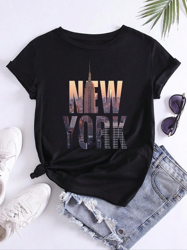Women's Landscape & Letter Print Round Neck Tee, Summer Clothes Women Casual Short Sleeve Crew Neck Graphic T-Shirt for...
