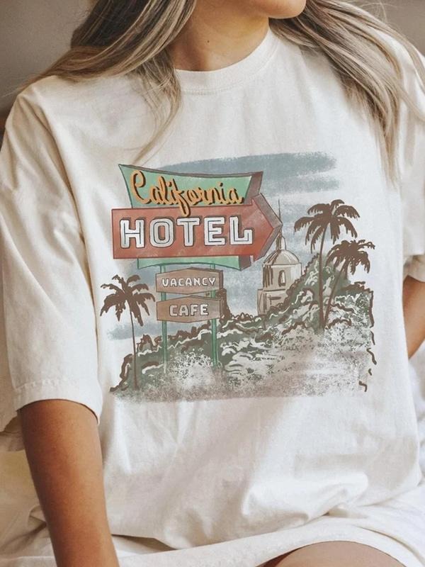 Women's Landscape Print Round Neck Graphic Tee, Vintage Trendy Casual Letter Graphic Drop Shoulder Short Sleeve T-shirt...