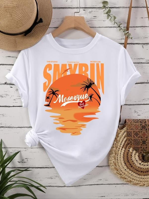 Women's Landscape Print Round Neck Graphic Tee, Vintage Trendy Casual Short Sleeve T-shirt For Daily Wear, Ladies All...