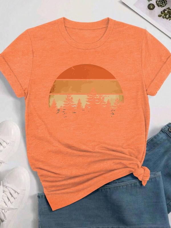Women's Landscape Print Round Neck Tee, Casual Short Sleeve Crew Neck T-shirt for Daily Wear, Ladies Clothes for All...