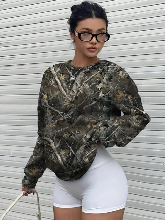 Women's Leaf Print Drop Shoulder Pullover, Casual Long Sleeve Round Neck Sweatshirt for Fall & Winter, Women's Clothes...