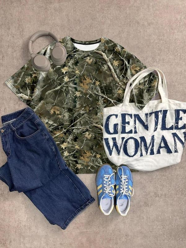 Women's Leaf Print Round Neck Tee, Casual Camo Print Short Sleeve T-shirt for Summer, Ladies Clothes for Daily Wear, Top...