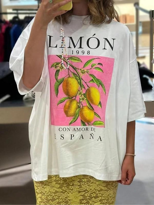 Women's Lemon & Letter Print Round Neck Tee, Casual Short Sleeve Crew Neck T-shirt for Summer, Fashion Women's Top for...