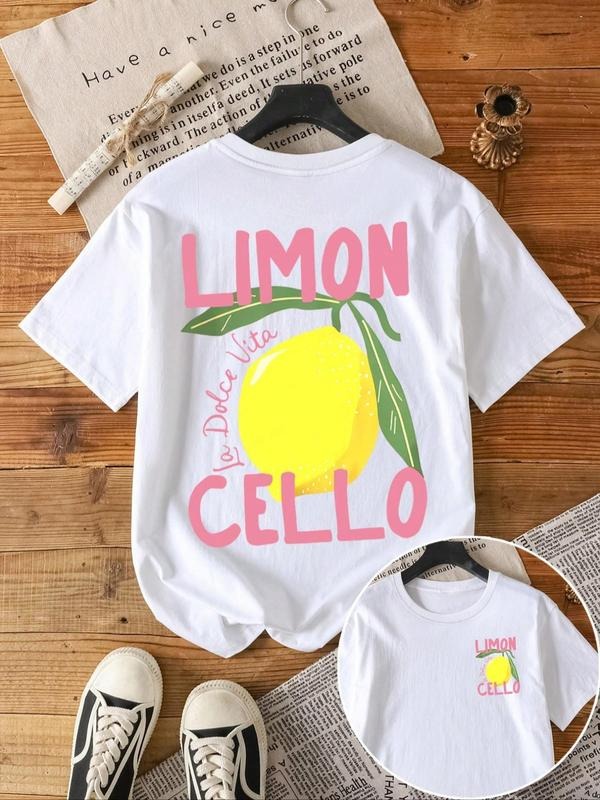 Women's Lemon & Letter Print Round Neck Tee, Casual Short Sleeve Crew Neck T-shirt for Summer, Fashion Women's Top for...