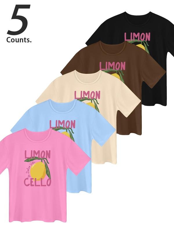 Women's Lemon & Letter Print Round Neck Tee, Casual Short Sleeve T-shirt for Daily Wear, Ladies Clothes for All Seasons,...