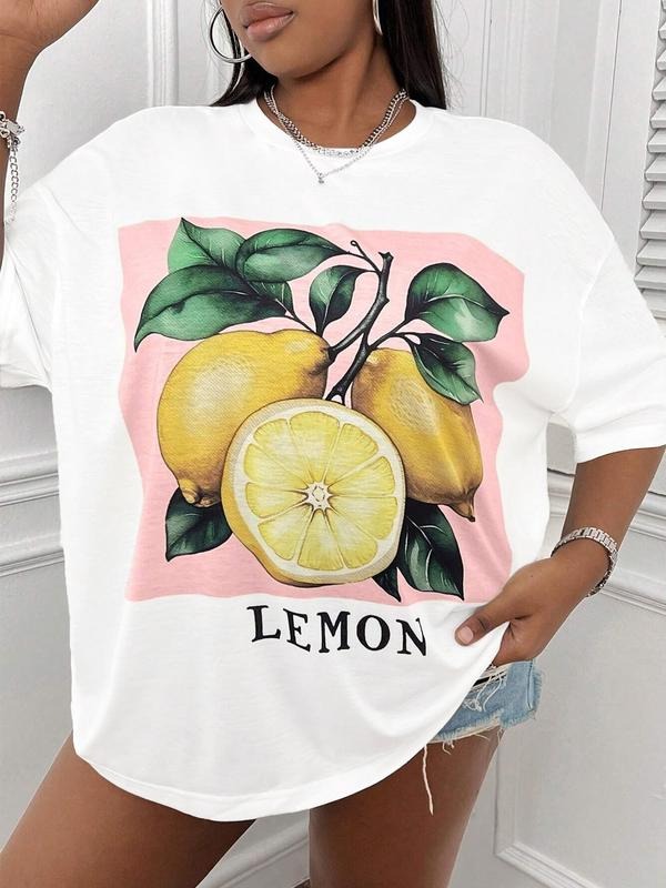 Women's Lemon Print Round Neck Tee, Casual Fruit Print Short Sleeve Crew Neck T-Shirt for Daily Wear, Ladies Clothes for...