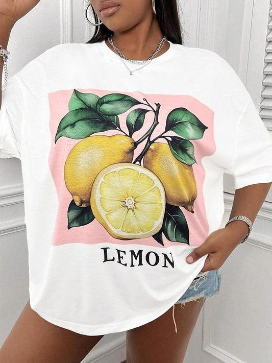 Women's Lemon Print Round Neck Tee, Casual Fruit Print Short Sleeve Crew Neck T-Shirt for Daily Wear, Ladies Clothes for...