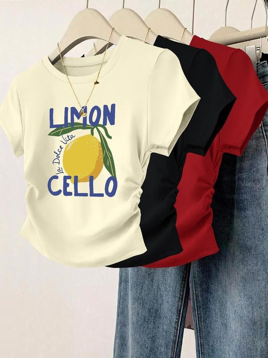 Women's Lemon Print Round Neck Tee, Casual Short Sleeve Crew Neck T-shirt for Summer, Fashion Women's Top for Daily Wear...