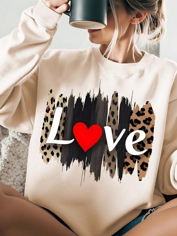 Women's Leopard & Letter Print Round Neck Sweatshirt, Casual Long Sleeve Crew Neck Pullover for Spring & Fall, Fashion...