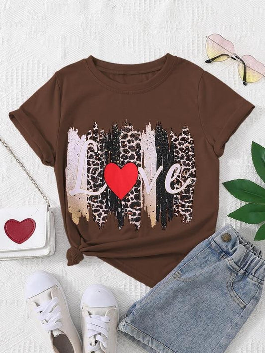 Women's Leopard & Letter Print Round Neck Tee, Fashion Casual Crew Neck T-Shirt for Daily Holiday Vacation Outdoor Wear,...