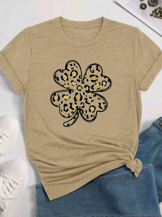 Women's Leopard & Plants Print Round Neck Tee, Fashion Casual Crew Neck T-Shirt for Daily Holiday Vacation Outdoor Wear,...