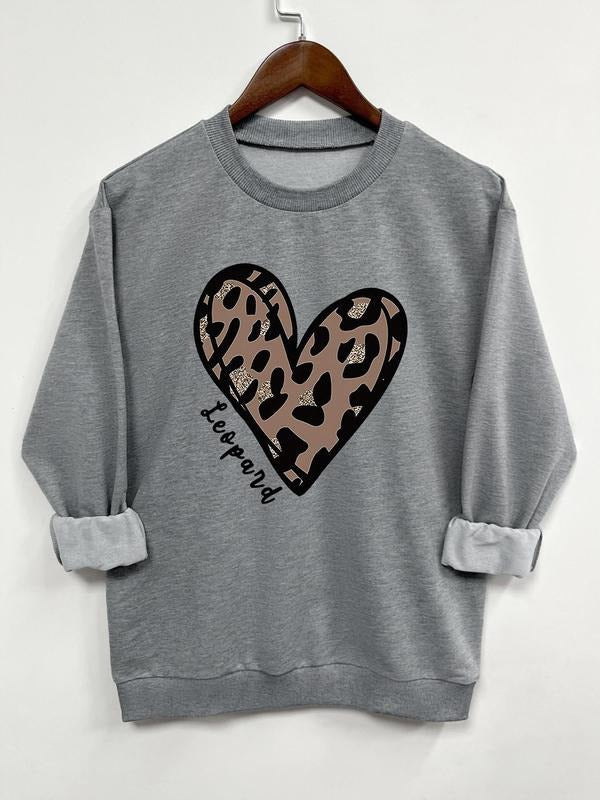 Women's Leopard Heart Print Round Neck Sweatshirt, Casual Long Sleeve Crew Neck Pullover for Spring & Fall, Fashion...