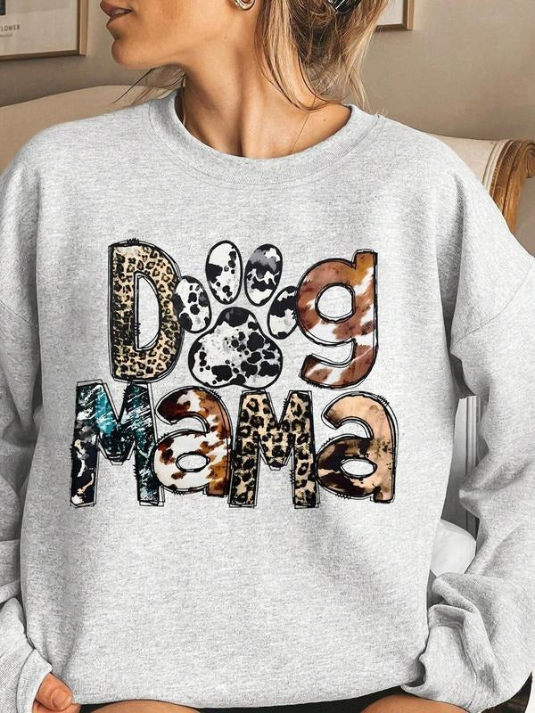 Women's Leopard-Letter Print Round Neck Sweatshirt, Casual Long Sleeve Crew Neck Pullover for Daily Wear, Ladies Clothes...