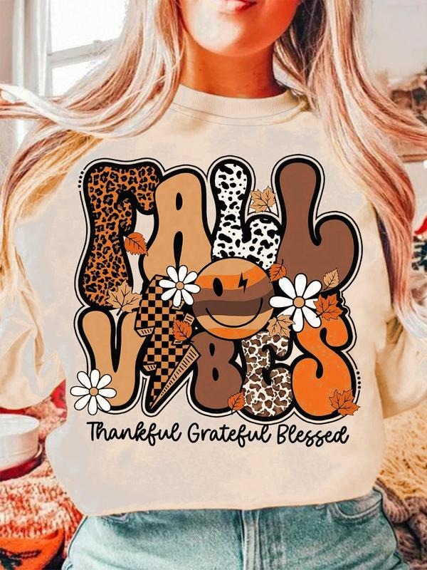 Women's Leopard-Letter Print Round Neck Sweatshirt, Casual Long Sleeve Crew Neck Pullover for Fall & Winter, Women's...