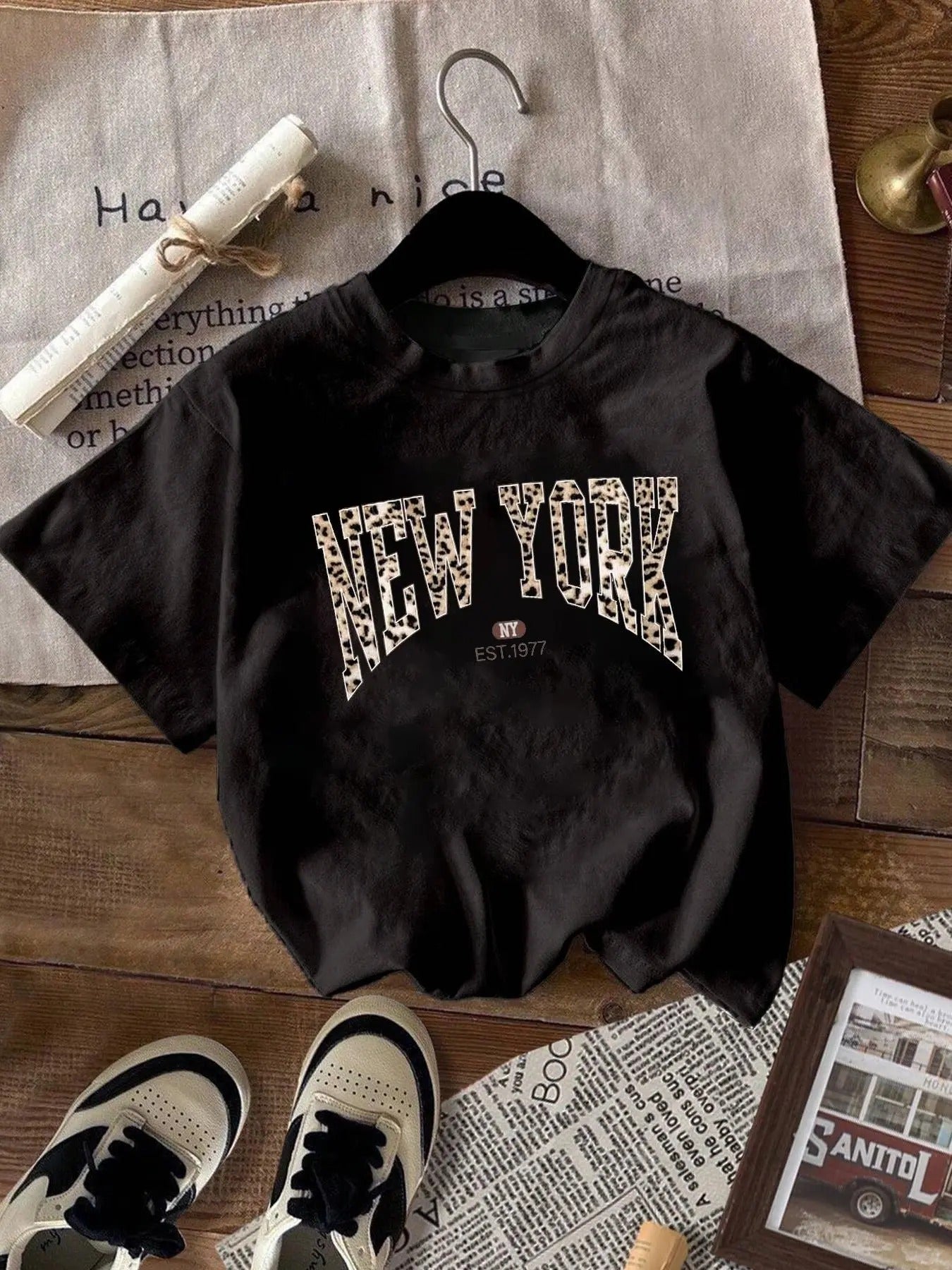 Women's Leopard Letter Print Round Neck Tee, Fashion Casual Crew Neck Short Sleeve T-Shirt for Daily Holiday Vacation...