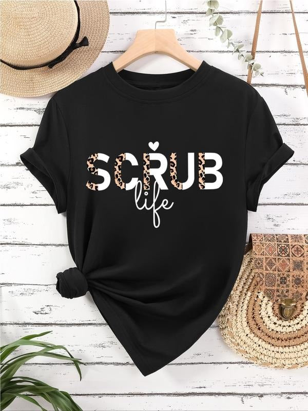 Women's Leopard Letter Print Round Neck Tee, Fashion Casual Short Sleeve T-shirt for Daily Wear, Ladies Summer Clothes...