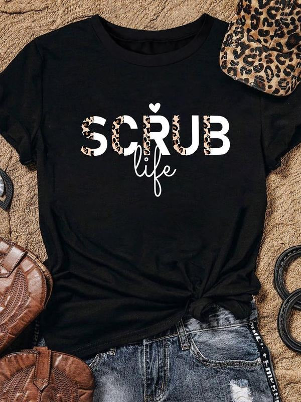 Women's Leopard Letter Print Round Neck Tee, Fashion Casual Short Sleeve T-shirt, Ladies Summer Clothes for Daily Wear...