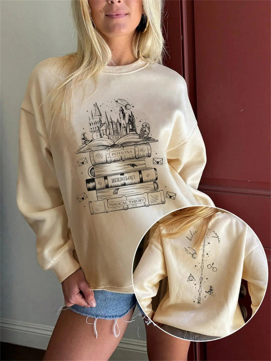 Women's Letter & Book Print Graphic Pullover Sweatshirt, Casual Long Sleeve Crew Neck Sweatshirt for Daily Wear, Ladies...