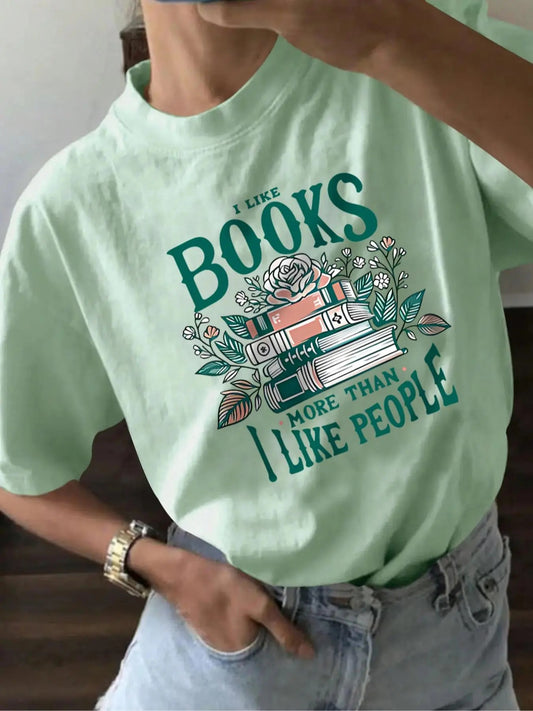 Women's Letter & Book Print Round Neck Tee, Casual Short Sleeve T-shirt for Daily Wear, Ladies Summer Tops Hoodie, Sweatshirt