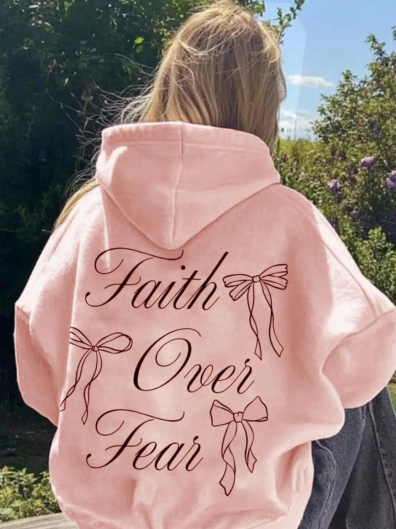Women's Letter & Bow Print Hoodie, Casual Long Sleeve Hooded Sweatshirt for Spring & Fall, Fashion Women's Clothes for...