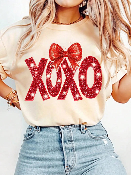 Women's Letter & Bow Print Round Neck Tee, Casual Short Sleeve Crew Neck T-shirt for Daily Wear, Ladies Clothes for All...