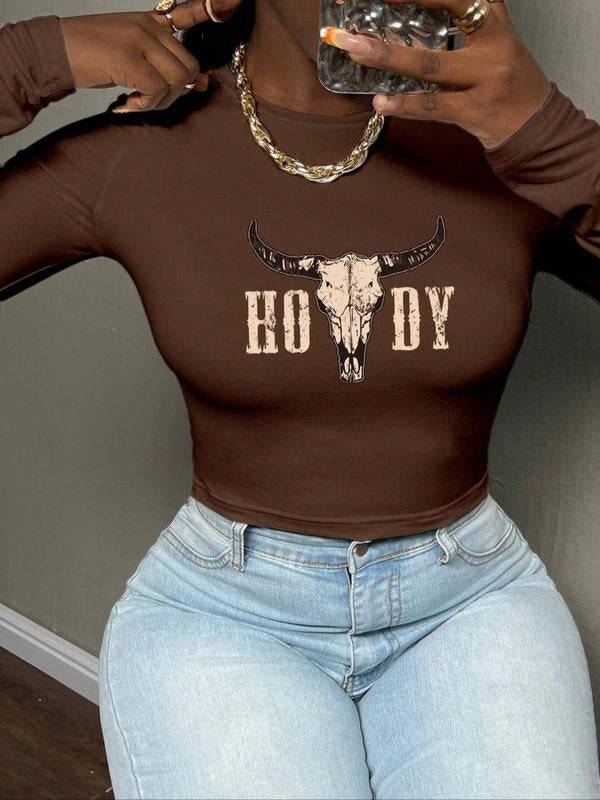 Women's Letter & Bull Head Print Round Neck Crop Tee, Casual Long Sleeve Crew Neck T-Shirt for Daily Wear, Ladies Clothes...