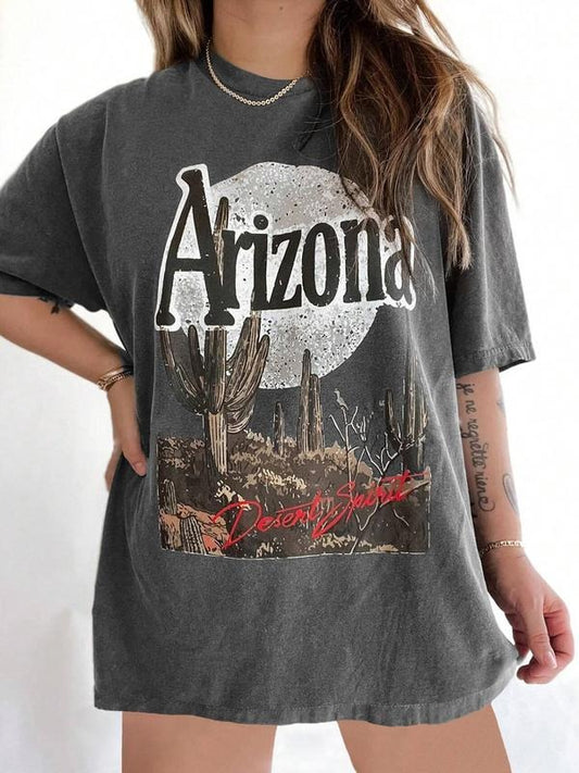 Women's Letter & Cactus Print Round Neck Tee, Casual Short Sleeve T-shirt for Daily Wear, Ladies All Seasons Outfit...
