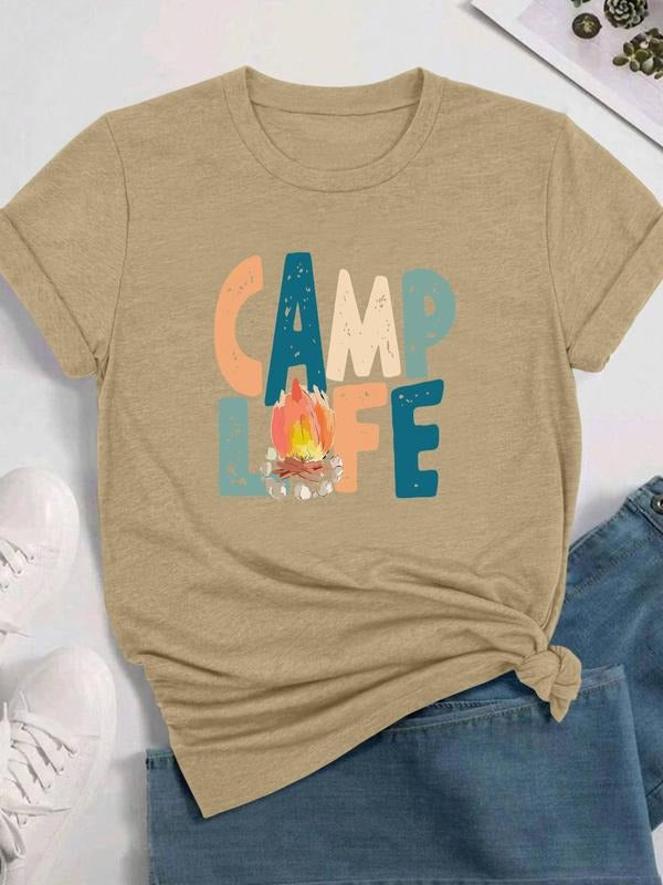 Women's Letter & Camping Life Print Round Neck Tee, Casual Short Sleeve T-shirt for Daily Wear, Ladies Clothes for All...