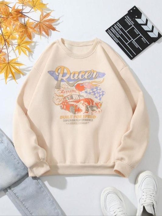 Women's Letter & Car Print Fitted Round Neck Long Sleeve Graphic Sweatshirt, Womenswear Tops, Lady Casual Comfort Crew...