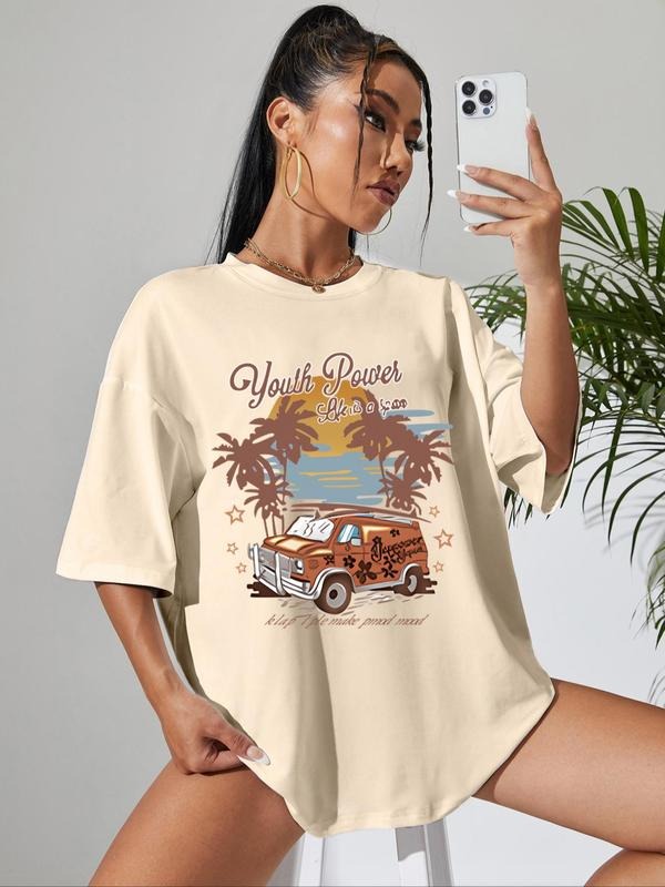 Women's Letter & Car Print Round Neck Graphic Tee, Vintage Trendy Casual Drop Shoulder Short Sleeve T-shirt For Daily...