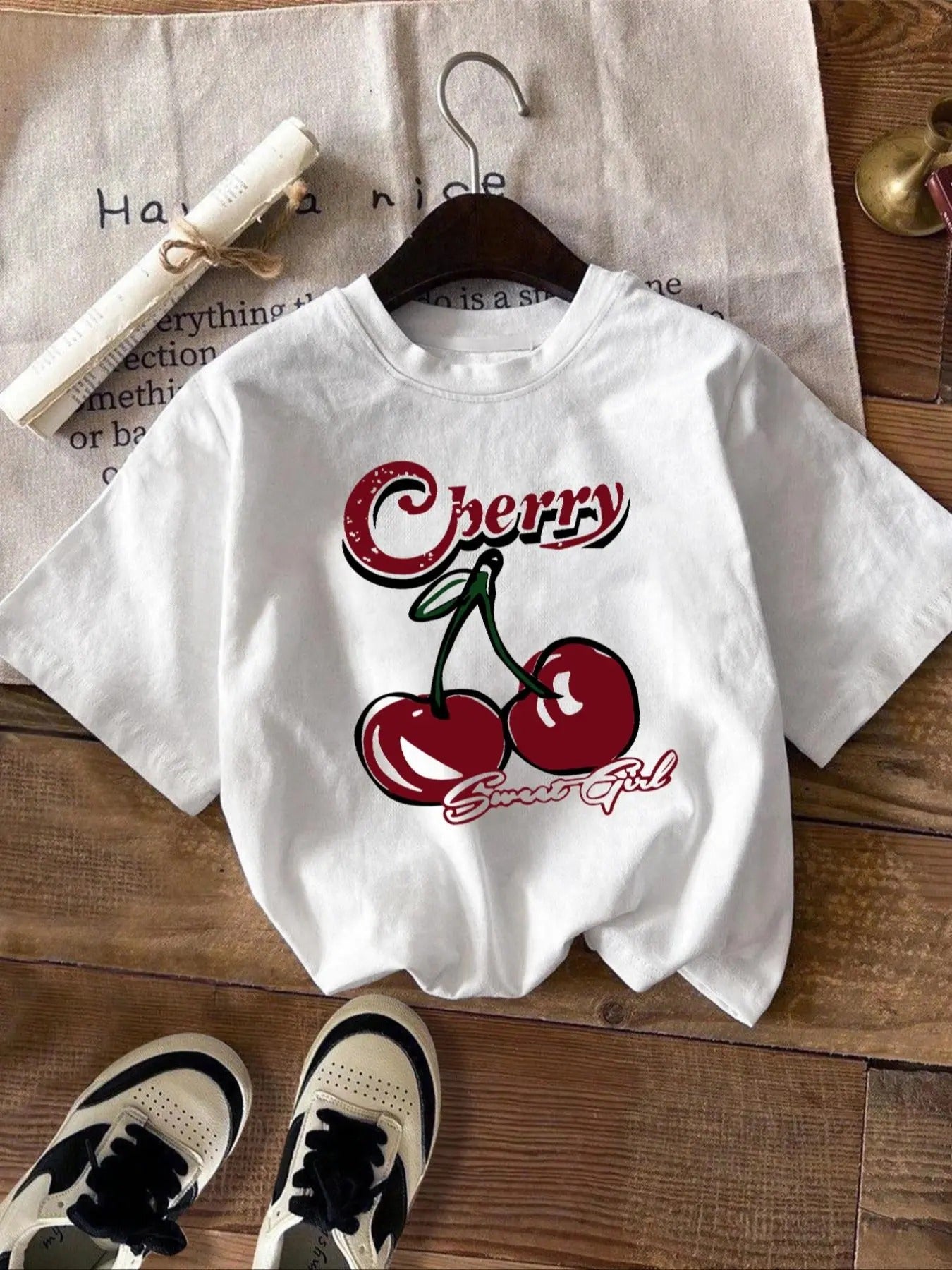 Women's Letter & Cherry Print Round Neck Tee, Casual Short Sleeve Crew Neck T-Shirt, Ladies Clothes for Daily Wear...