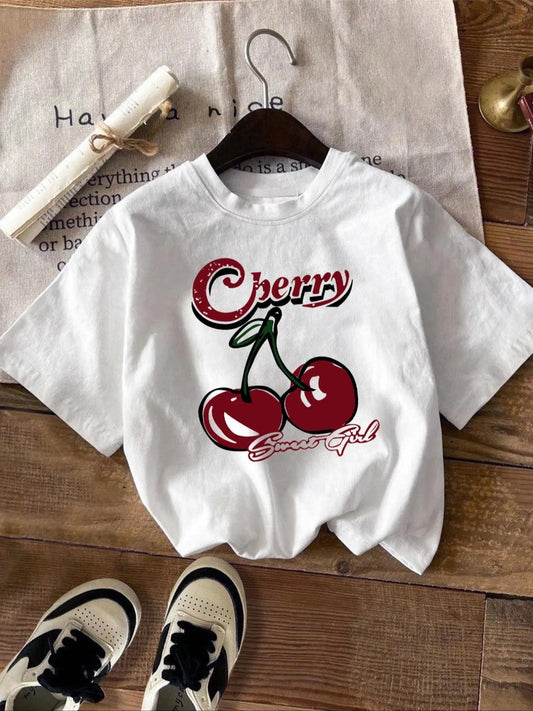 Women's Letter & Cherry Print Round Neck Tee, Casual Short Sleeve Crew Neck T-Shirt, Ladies Clothes for Daily Wear...