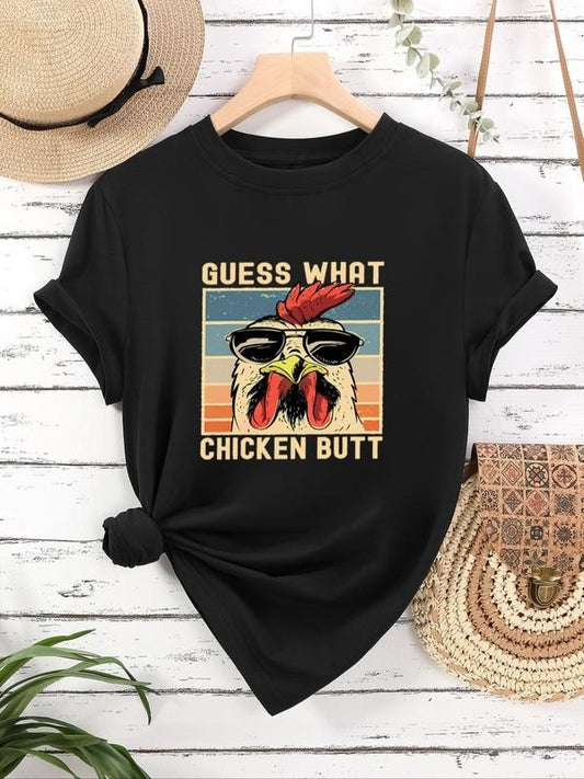 Women's Letter & Chicken Print Round Neck Tee, Casual Short Sleeve Crew Neck T-Shirt for Daily Wear, Ladies Clothes for...