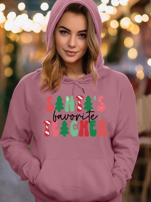 Women's Letter & Christmas Tree Print Drawstring Pocket Hoodie, Casual Long Sleeve Hooded Sweatshirt for Fall & Winter,...