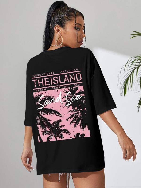 Women's Letter & Coconut Tree Print Round Neck Tee, Trendy Casual Drop Shoulder Half Sleeve T-shirt for Daily Wear,...