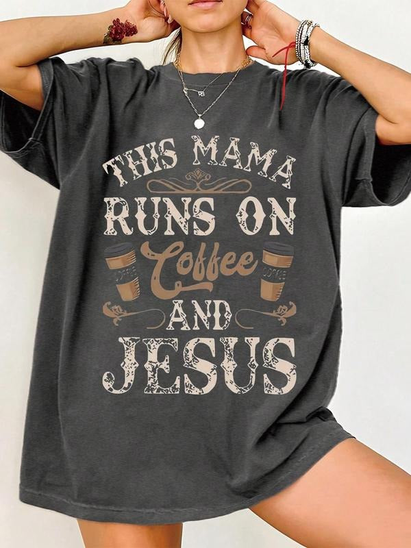 Women's Letter & Coffee Print Round Neck Tee, Trendy Casual Crew Neck Short Sleeve T-shirt for Daily Wear, Ladies All...